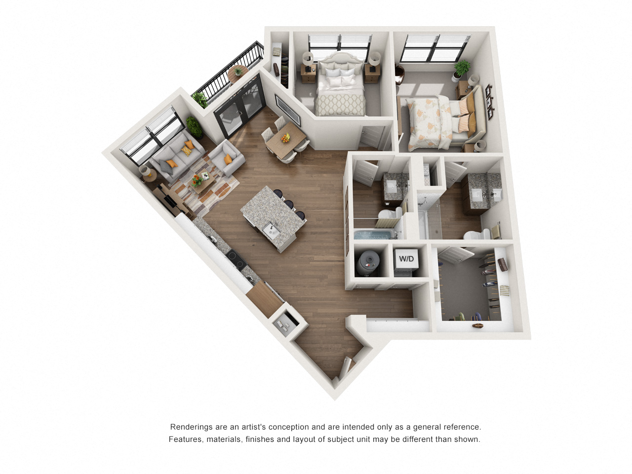 Floor plan for 2 beds, 2 baths, 1021 sqft